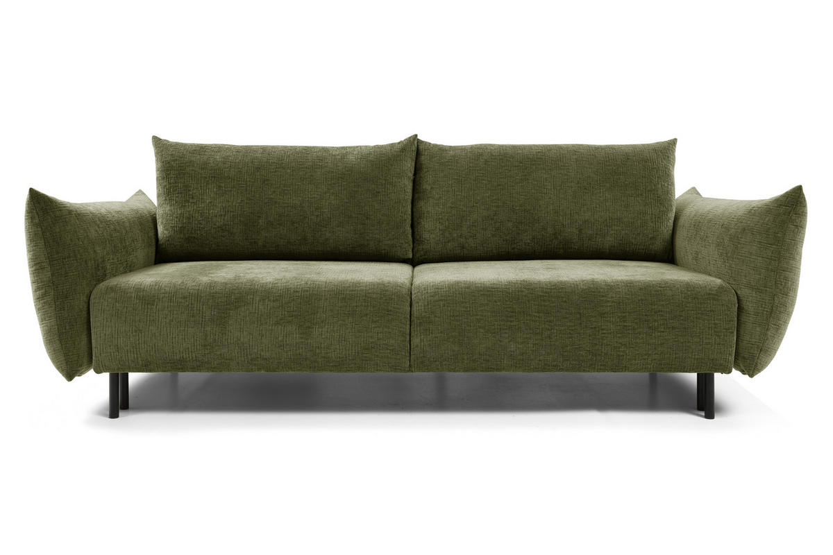SOFA ADEL - Schlaffunktion Und Bettkasten, Wellenfederung, PUR-Schaum, Schwarze Metallfüße lose Rückenkissen, freistehend, 240x108x75 cm Olive green - Olivgrün, Holz/Textil (240/75/108cm) - DomoHome