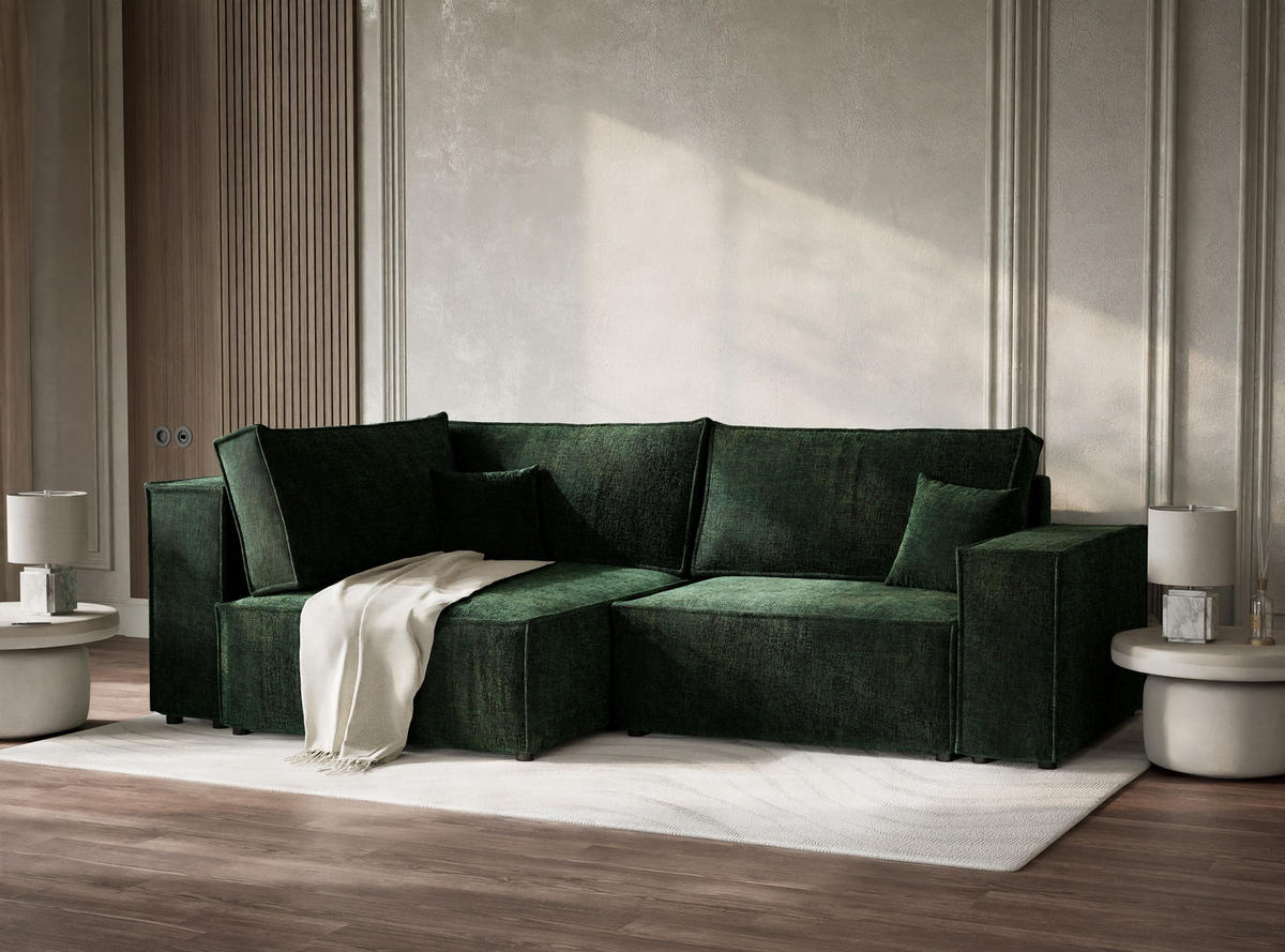 ECKSOFA MIT SCHLAFFUNKTION Tonga Dunkelgrün Chenille-Stoff - Dunkelgrün/Schwarz, Holz/Holzwerkstoff (105/225cm) - Maison de Reve