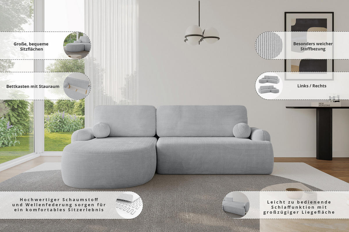 ECKSOFA mit Schlaffunktion und Bettkasten LIRA-L - 264x172x89 Hellgrau - Hellgrau, Holzwerkstoff/Textil (172/264cm) - ALTDECOR