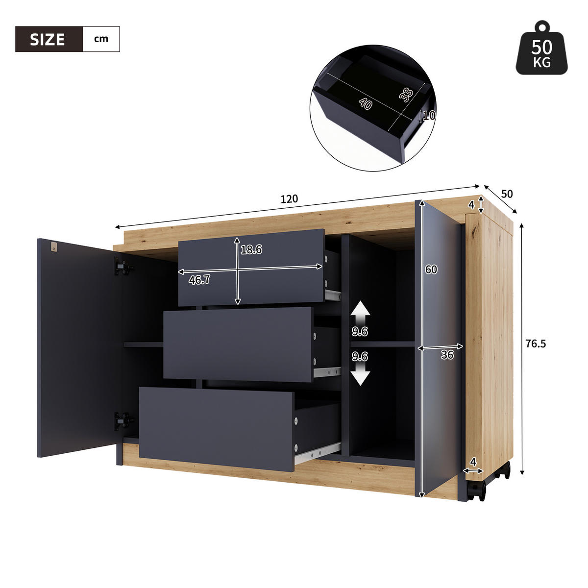 SCHREIBTISCH Rollen drehbar 4 cm Tischplatte Grau Eiche multifunktional - Multicolor, Holzwerkstoff (120/50/76.5cm) - FLIEKS