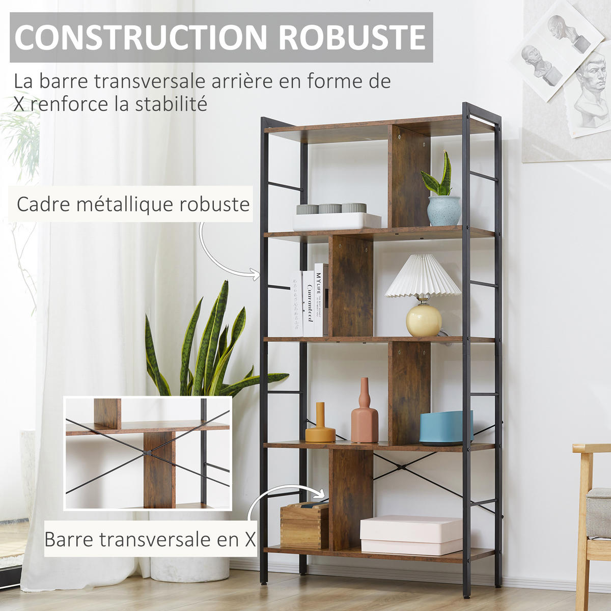 REGAL DE-15532 5-stufig mit Mittelsteg, 74/30/157 cm Braun/Schwarz - Braun, Holzwerkstoff (74/157.5/30cm) - ComfortXL