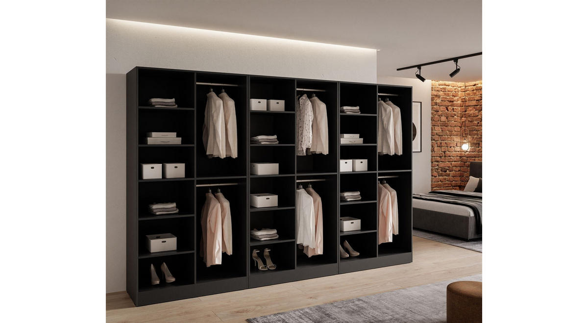 KLEIDERSCHRANK SANDBOX LOFT 300 303/49/200 cm Schwarzgraphit / Schwarzgraphit + Eiche Wotan ohne LED ohne Zusatzböden - Eiche Wotan/Schwarz, Holzwerkstoff/Kunststoff (303/200/49cm) - Lookway