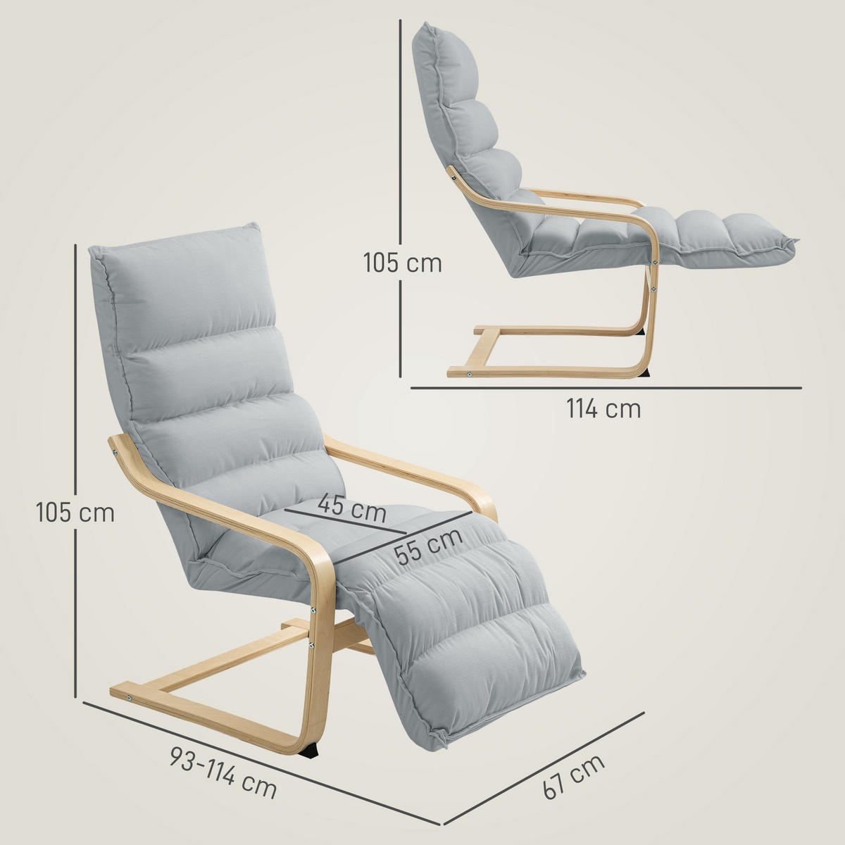 LOUNGE-SESSEL mit verstellbarem Fußteil, Hellgrau - Hellgrau, Kunststoff (67/105/114cm) - HOMCOM