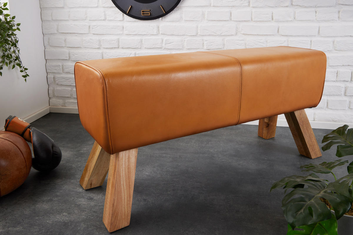 SITZBANK TURNBOCK Mango Echtleder Cognac 100 cm - Braun, Mangoholz/Leder (100/50/35cm) - riess-ambiente