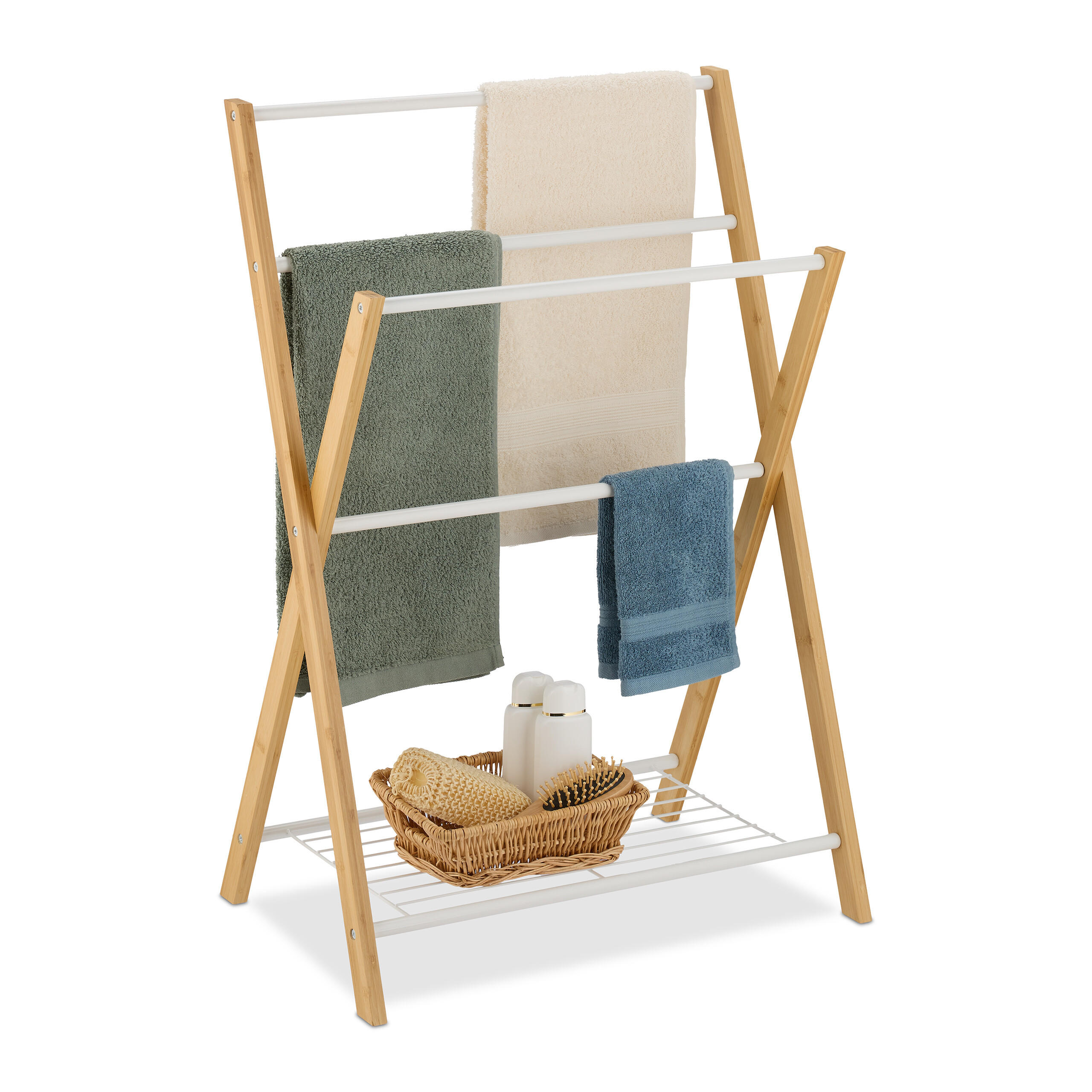 HANDDUKSST&Auml;LL natur vit bambu metall med hylla 4 st&auml;nger 87 cm Multicolor 87/60.5/37.5 cm