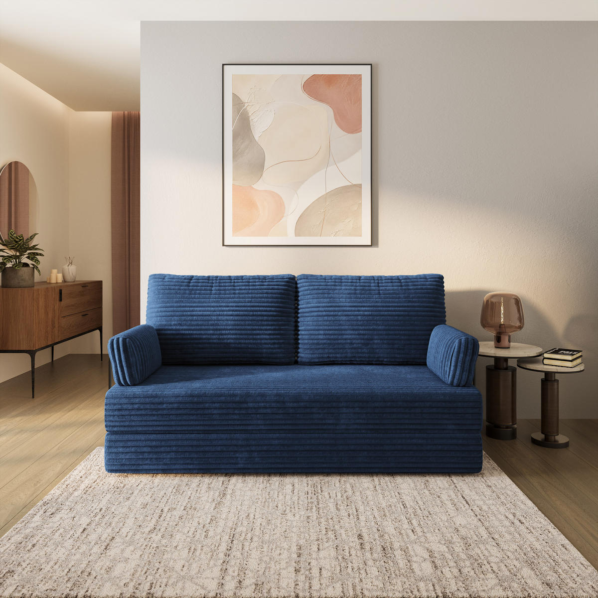 BETTSOFA SILAR aus Schaumstoff Cordstoff Blau Schlaffunktion - Blau, Textil (170/86/80cm) - MASSENO