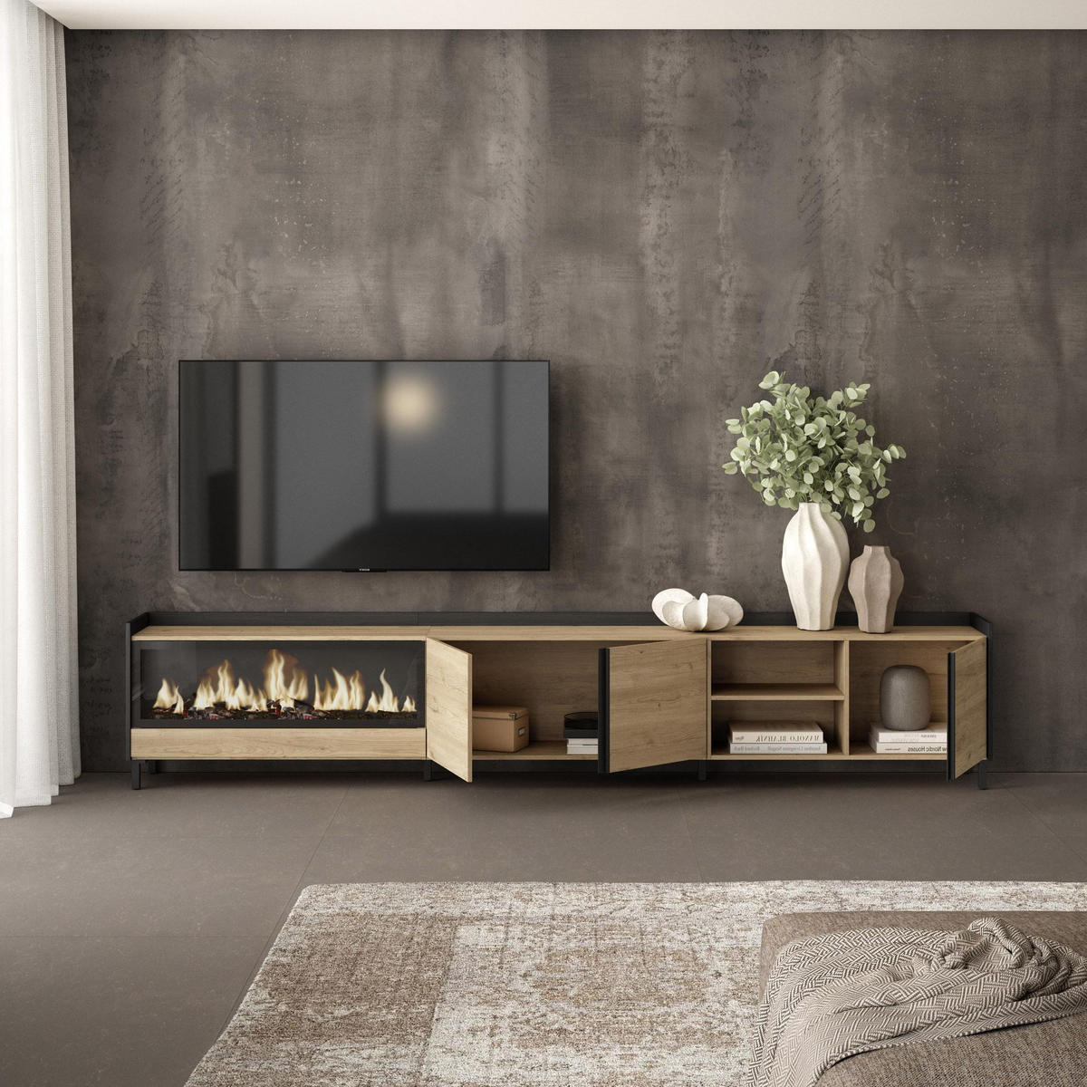 LOWBOARD, Eiche und Schwarz, 315/35/61cm, Kamin mit Feuereffekt XXL - Eichefarben, Holzwerkstoff (315/61/35cm) - Skraut Home