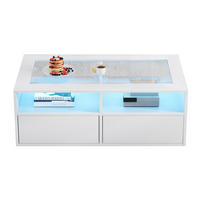 COUCHTISCH Weiß 100/50/35 cm mit Glasplatte, LED und Schubladen - Weiß, Glas (50/100/35cm) - PANGIVO