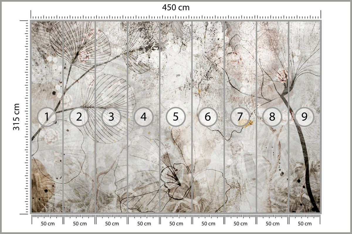 FOTOTAPETE für Wohnzimmer Vintage Blätter Blumen Beton Abstrakt 450x315 - Gelb/Orange, Papier (450/315cm) - Muralo