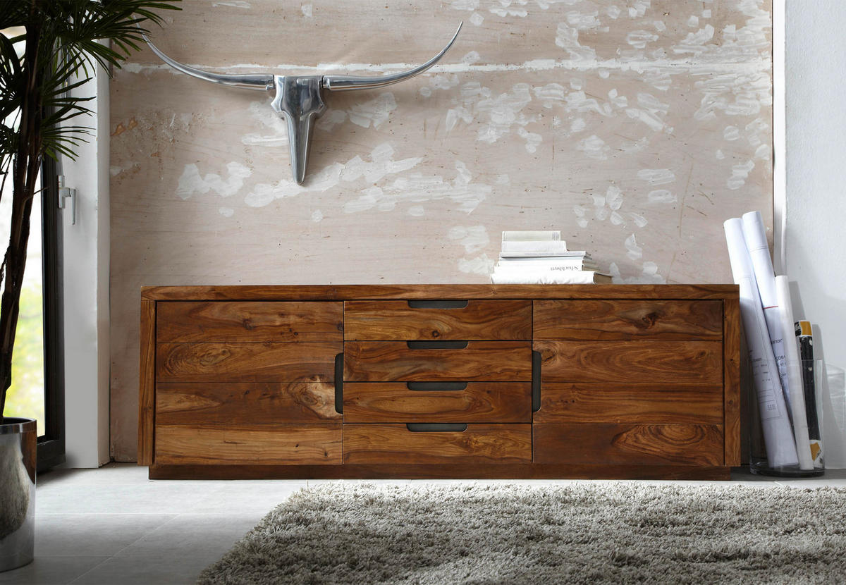 SIDEBOARD Sheesham 200x50x65 walnuss lackiert DUKE #116 - Dunkelbraun, Holz (200/65/50cm) - Massivmoebel24