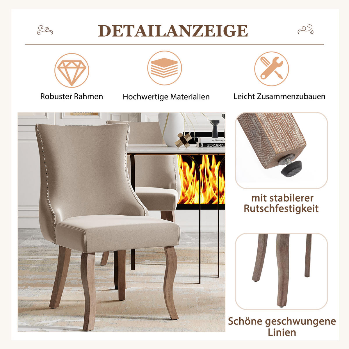 ESSZIMMERSTUHL 2er Set Samt Polster Massivholz Beige - Beige, Textil (50/91/45cm) - FLIEKS