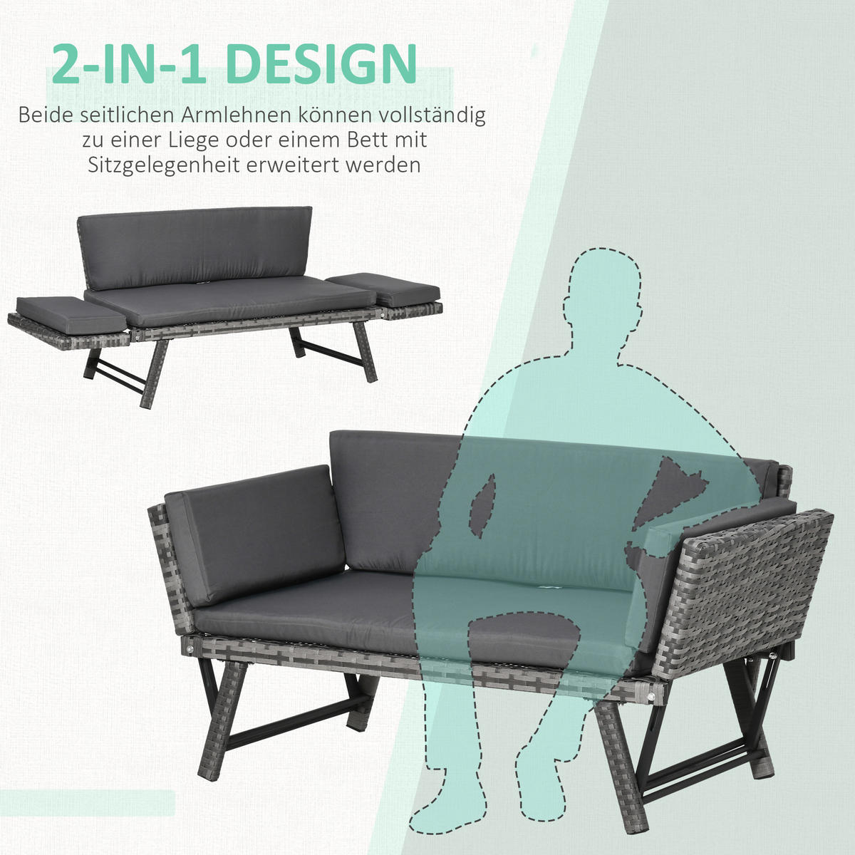 POLYRATTAN Gartensofa, Stahl, Grau - Grau, Metall (63/67/129cm) - Outsunny
