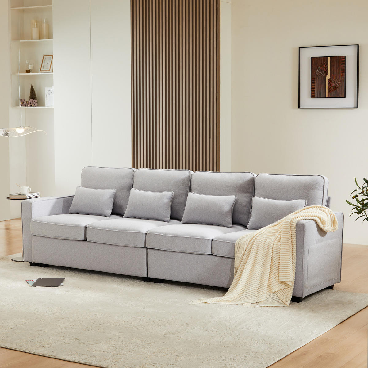 4-SITZER Sofa Leinenstoff mit Taschen an Armlehnen und 4 Kissen 264/83/87 cm Hellgrau - Hellgrau, Textil (87/264/83cm) - Redom
