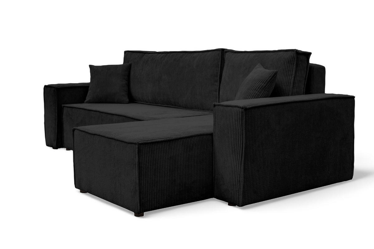 ECKSOFA Hugo L in L-Form mit Schlaffunktion und Bettkasten, Farbe: Schwarz, Cordstoff, Ottomane Unsiversal - Schwarz, Textil (244/145cm) - VENASI MÖBEL