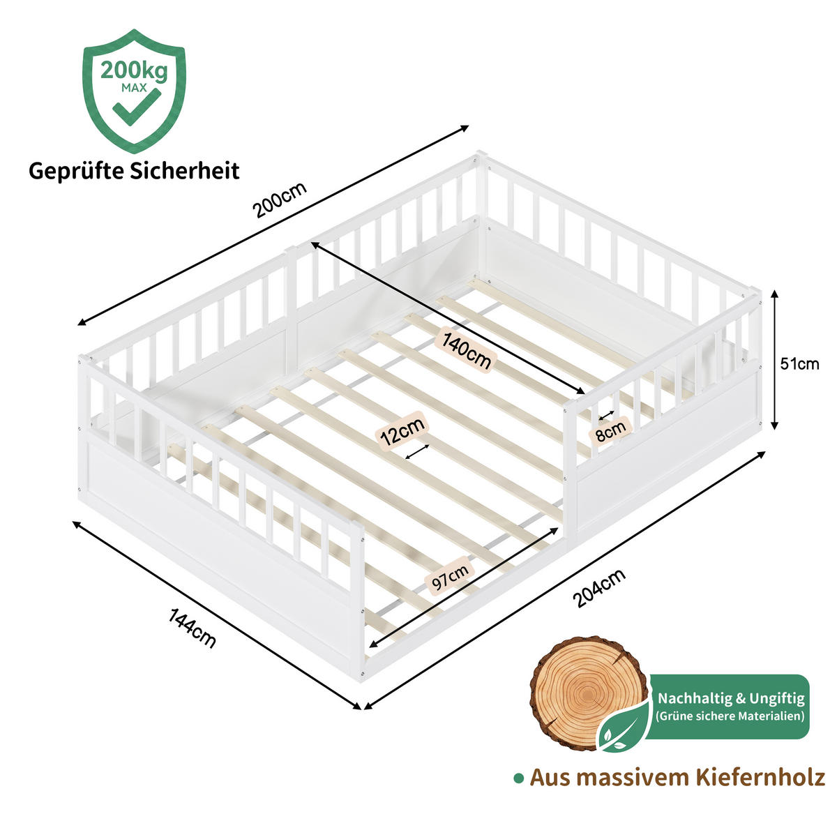 KINDERBETT 140/200 cm in Weiß aus Kiefer mit Rausfallschutz und Lattenrost - Weiß, Holzwerkstoff/Metall (140/200cm) - WISHDOR
