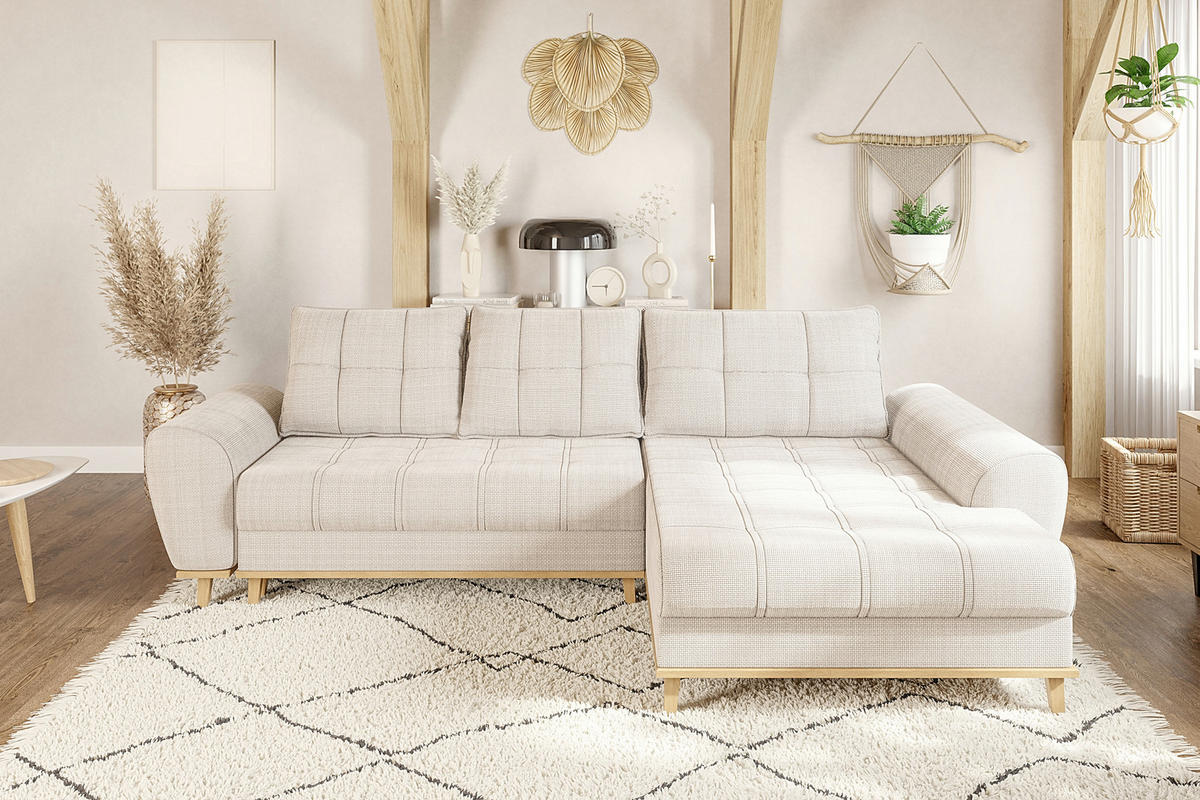 ECKSOFA im Scandi-Stil, Schlaffunktion, Bettkasten B268/T175/H86 cm, Ottomane rechts, Liegefl. 128x209 cm, Bouclé Chenille Stoff in Beige / 21013 - Eichefarben/Beige, Holz/Textil (268/175cm) - luma-home