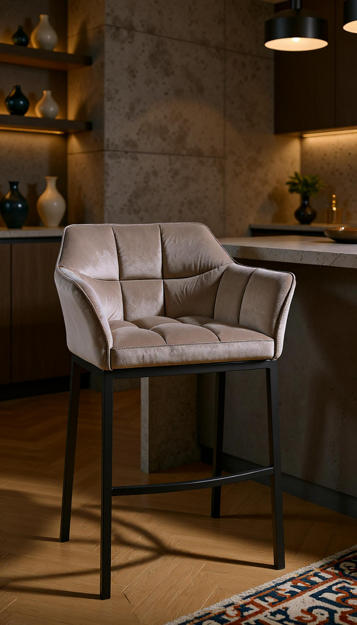 BARHOCKER Damaskus Samt mit 4-Fuß Gestell grau - Schwarz/Grau, Textil/Metall (64/110/48cm) - TPFLiving