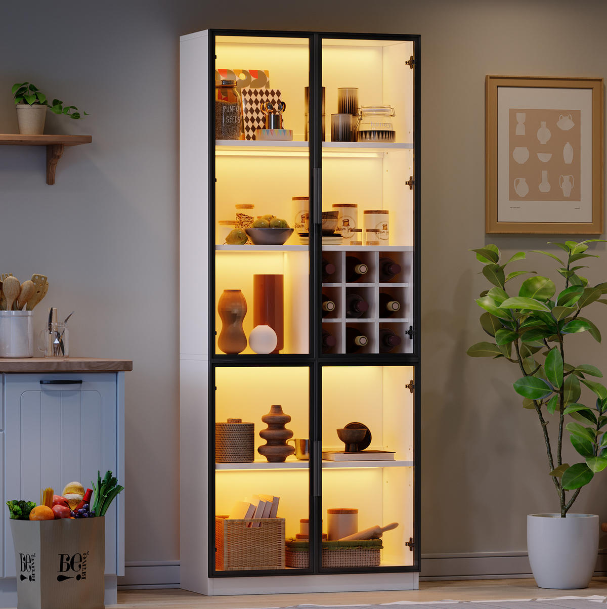 VITRINA 80/35/200 cm bijela, s LED osvjetljenjem i prostorom za vino - bijela, drvni materijal (80/200/35cm) - BEAOK