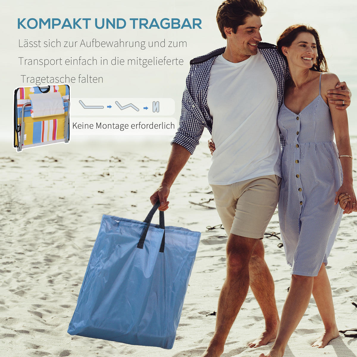 STRANDMATTE, 2er Set Faltbare Strandliege mit Kopfkissen, Tragetasche Mehrfarbig - Multicolor, Metall (53/45/124cm) - Outsunny
