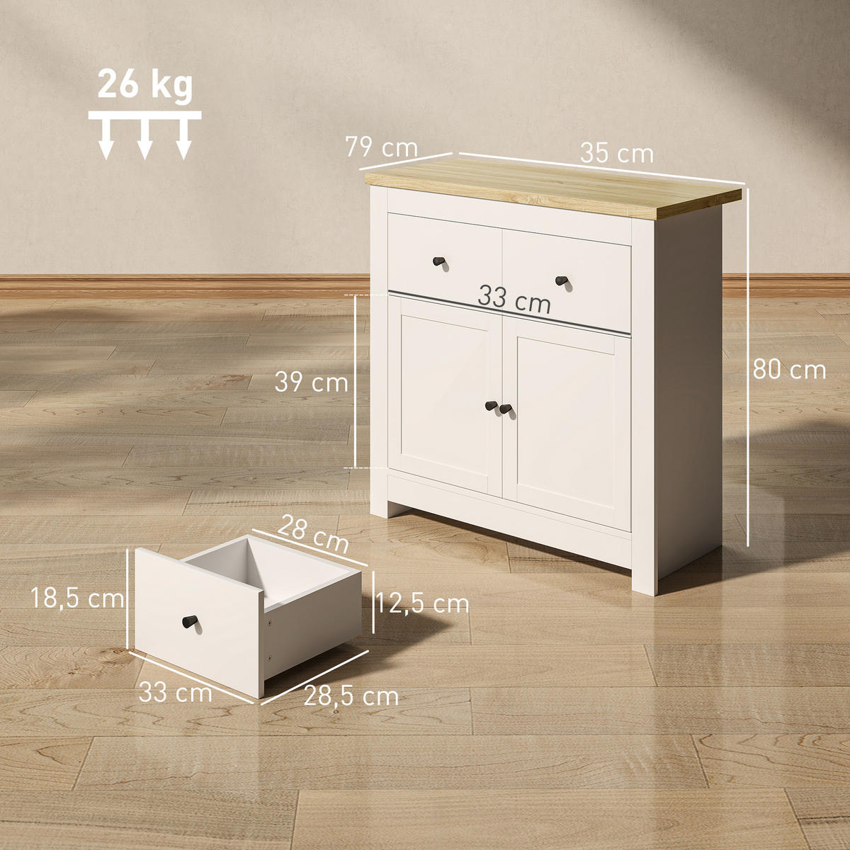 SIDEBOARD mit 2 Schublade, Weiß - Weiß, Karton (35/80/79cm) - HOMCOM