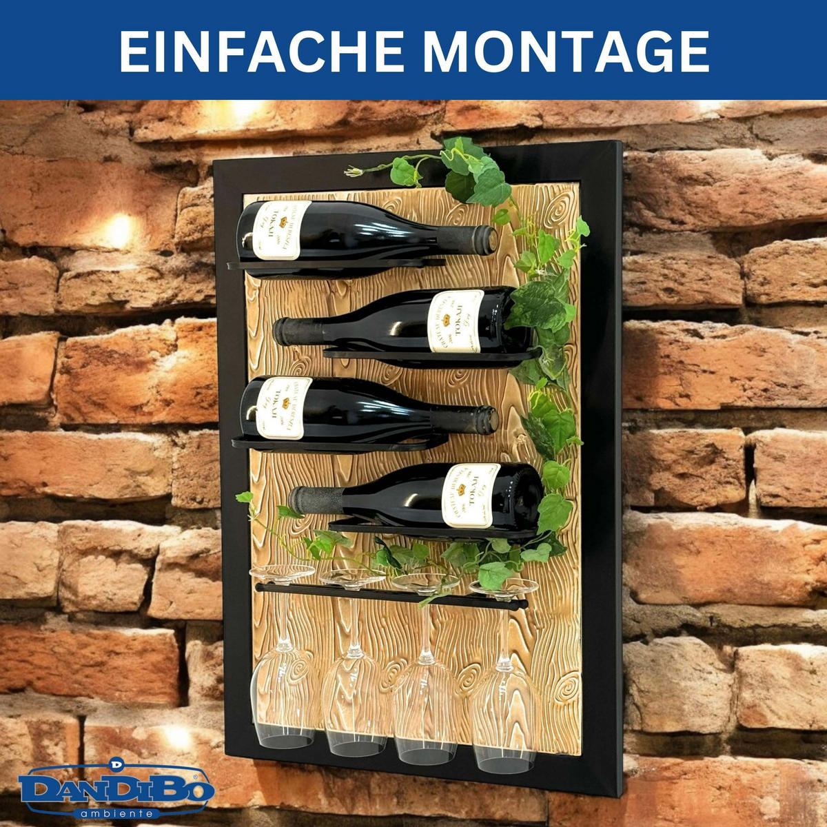 WEINREGAL Wand mit Glashalter Metall Schwarz 50/12/70 cm - Schwarz, Metall (50/70/12cm) - DanDiBo