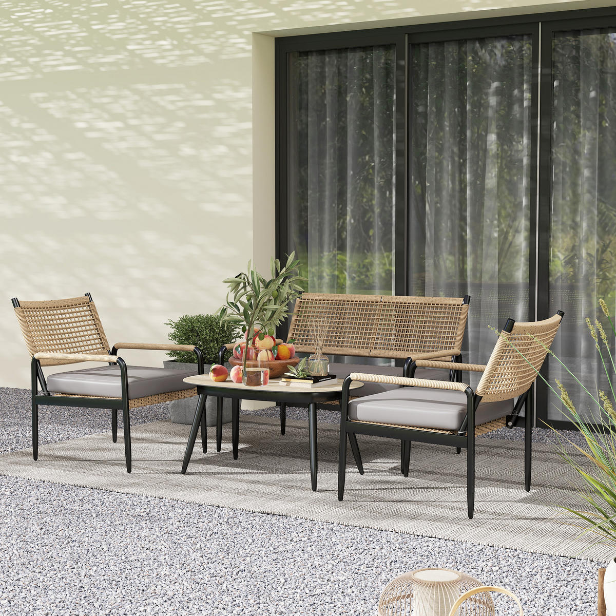 GARTENMÖBEL LOUNGE-SET DE-06737 4-teilig mit Glastisch Dunkelgrau/Gelb - Dunkelgrau, Kunststoff/Metall - ComfortXL