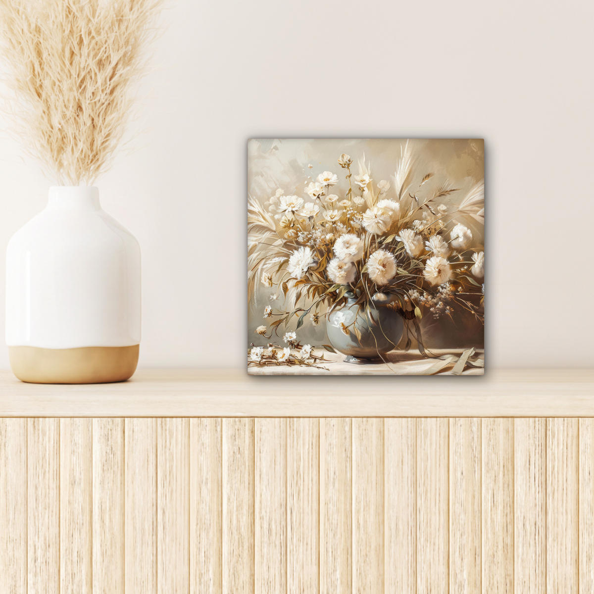 LEINWANDBILD Blumen - Vase - Stilleben - Beige Deko Wohnzimmer 20x20 cm - Creme, Textil (20/20cm) - MuchoWow