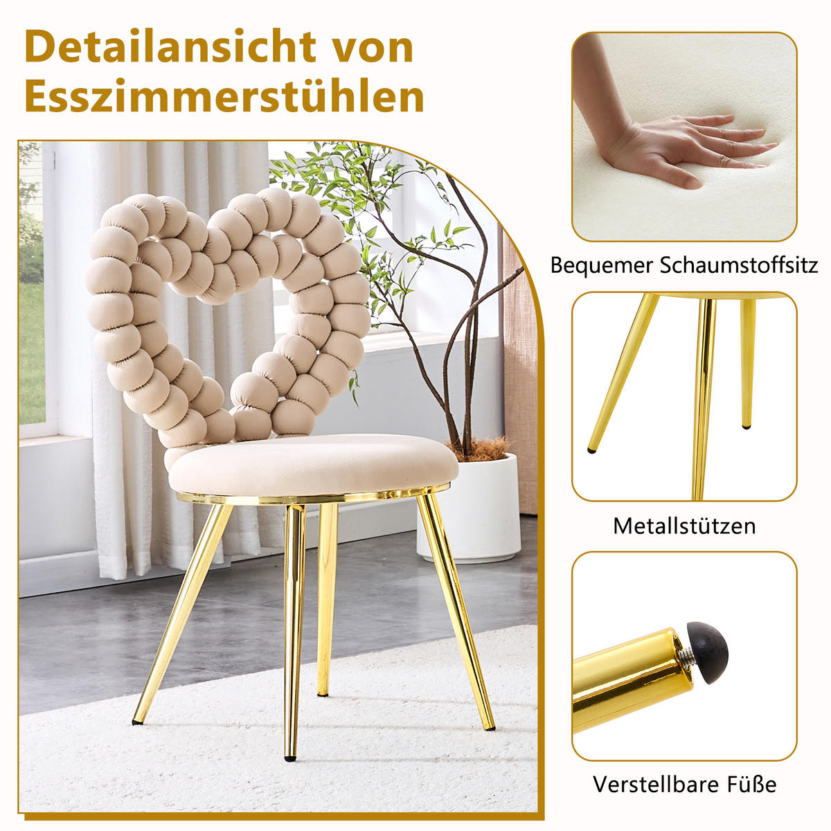 STÜHLE 2er-Set Esszimmerstuhl,Samt,Metall,Khaki - Beige, Textil (54/81/44cm) - LVHOM