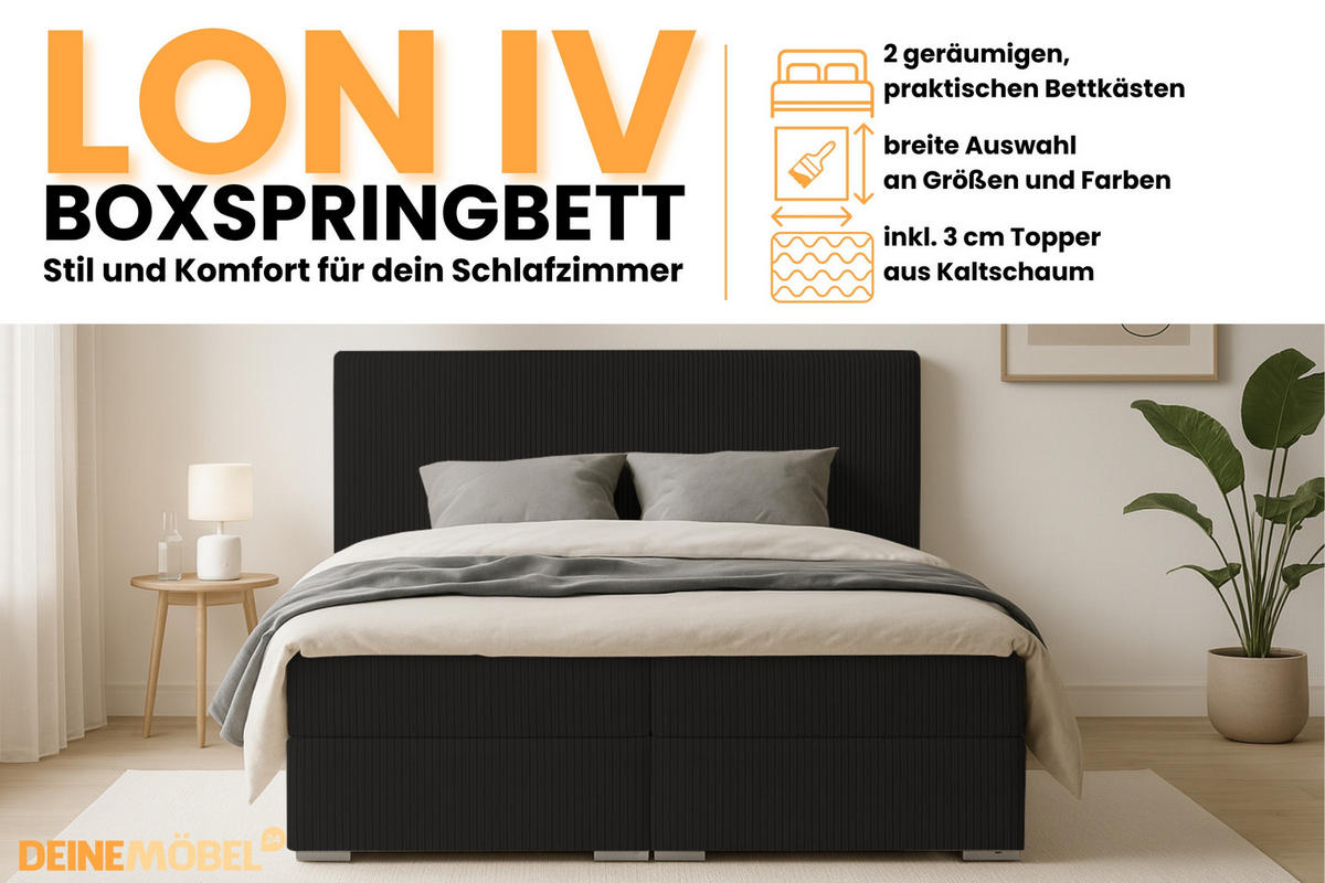 BOXBETT LON IV 140/200 in Cord Schwarz H3 - Schwarz, Holz/Holzwerkstoff (140/200cm) - Deine Möbel 24