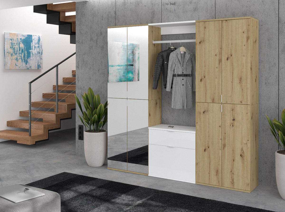GARDEROBE Eiche Artisan, weiß Hochglanz 183 cm, Kombination mit 21 Fächern - Chromfarben/Weiß Hochglanz, Glas/Holzwerkstoff (183/193/34cm) - Inn.Furn