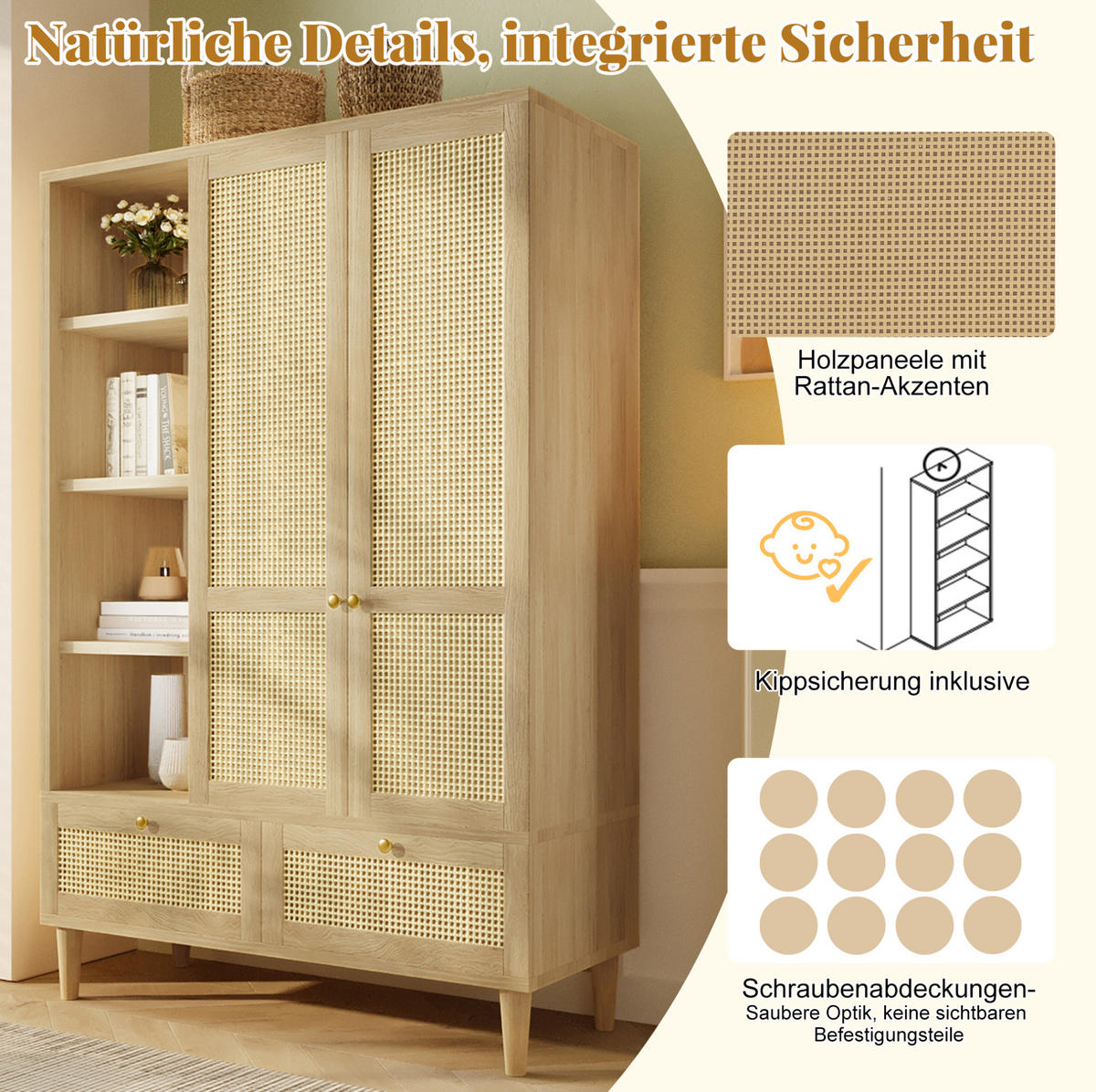 KLEIDERSCHRANK 50/120/180 cm eichefarben aus MDF, Massivholz und Metall mit Rattangeflecht - Eichefarben, Holz (120/180/50cm) - OKWISH