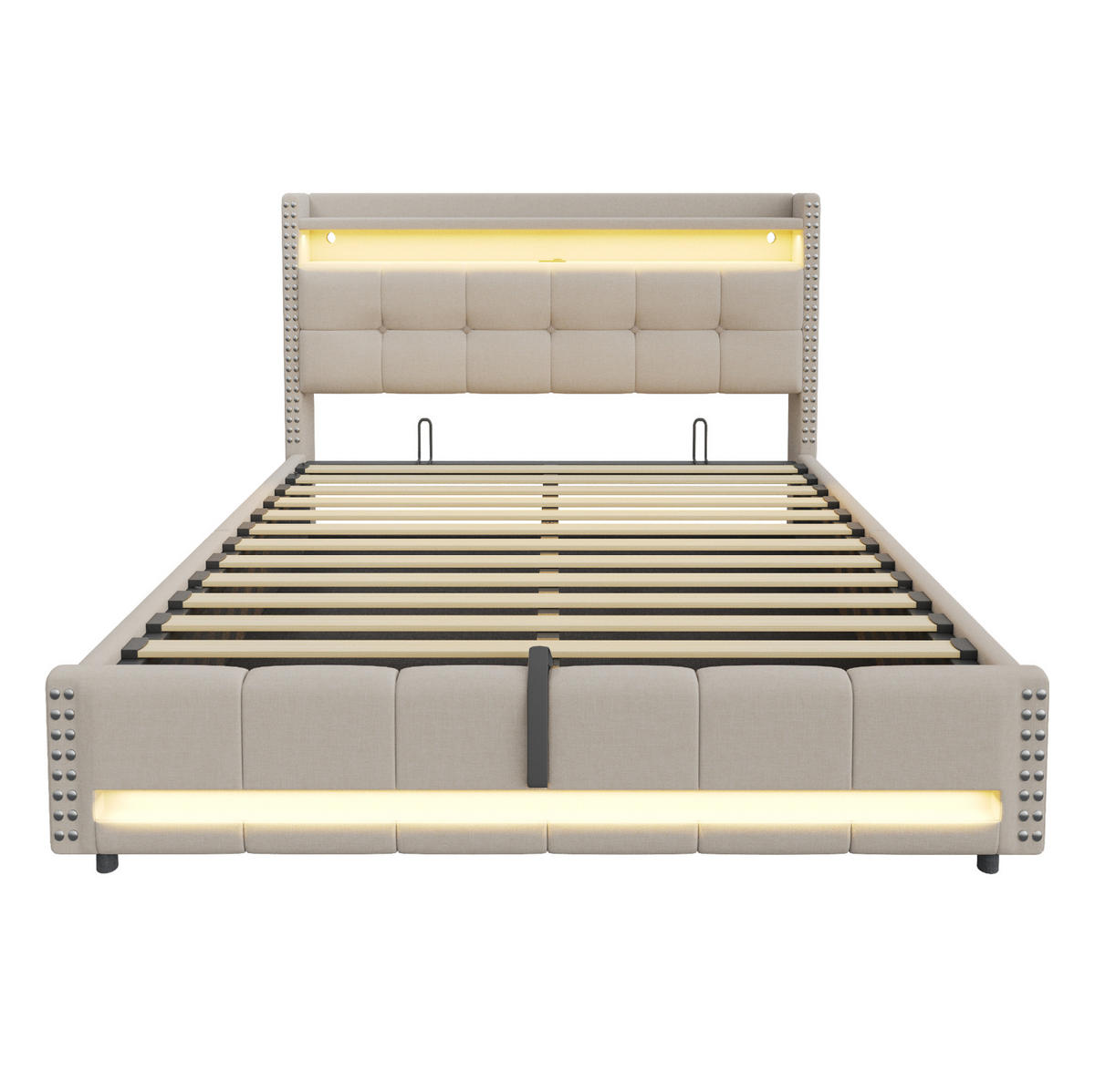 POLSTERBETT 180/200 cm Beige mit LED-Beleuchtung, USB-Steckdose und Stauraum - Beige, Textil (180/200cm) - Flora Grace