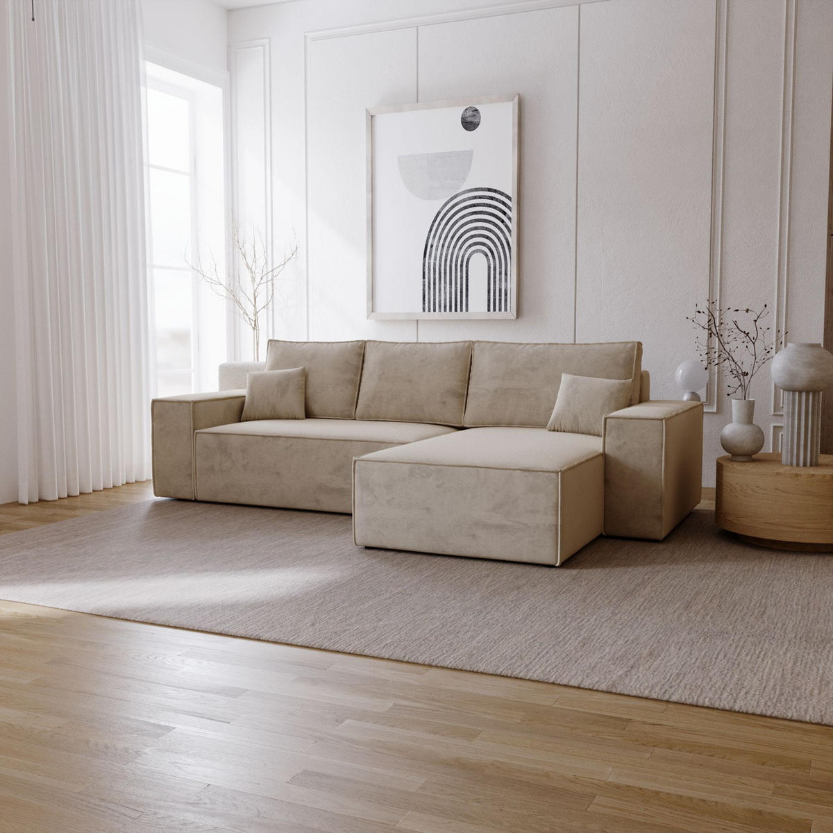 ECKSOFA mit Schlaffunktion Bergamo L 280 cm, Samt, Rechts - Beige - Beige, Holz (189/277cm) - Emporius