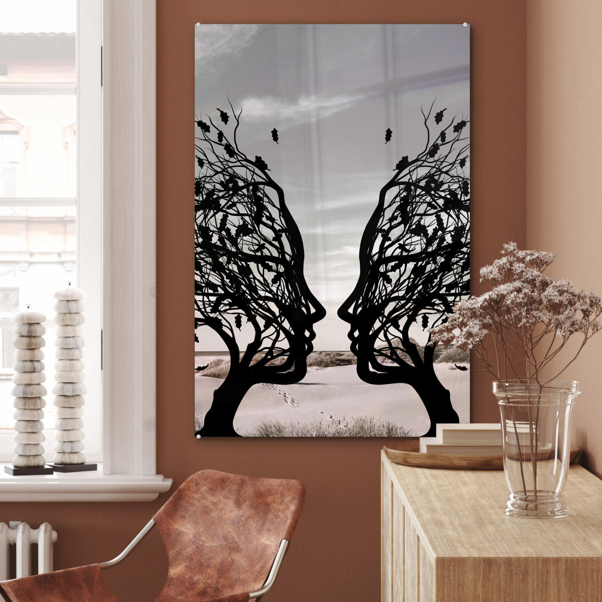 ACRYLGLASBILD Strand - Meer - Menschen - Baum - Moderne Kunst 60x90 cm - Hellgrau, Glas (60/90cm) - MuchoWow