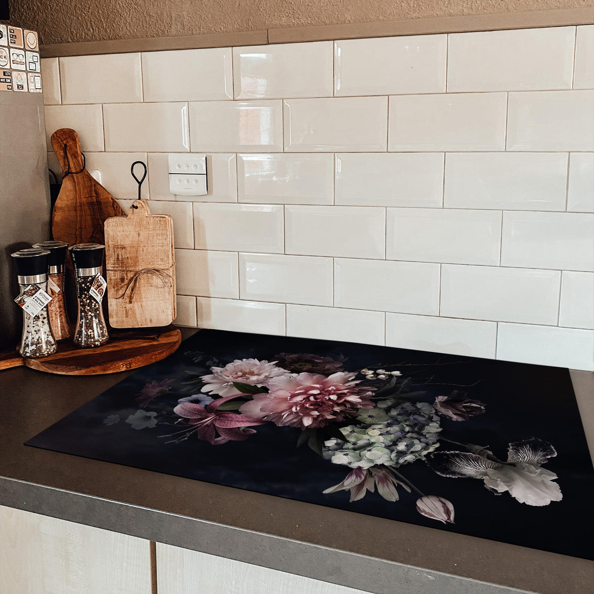 HERDABDECKPLATTE Blumen - Vintage - Pastell - Rosa - Weiß Induktionsschutz 80x52.2 cm - Altrosa, Kunststoff (80.2/52.2/0.2cm) - MuchoWow