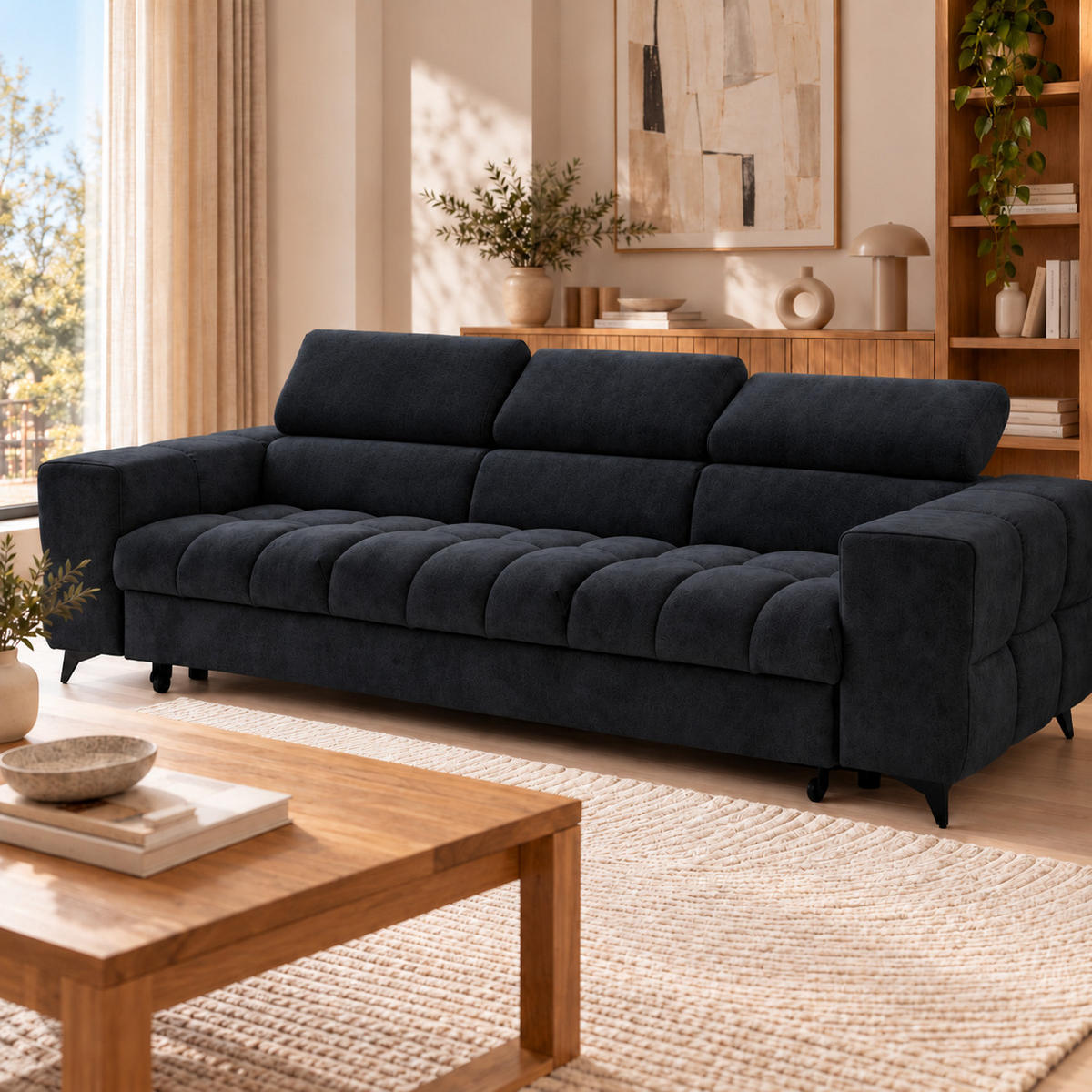 3-SITZER Sofa PUDDING mit Schlaffunktion 127x190 Velours Schwarz - Schwarz, Holz/Textil (260/90/100cm) - Muffo