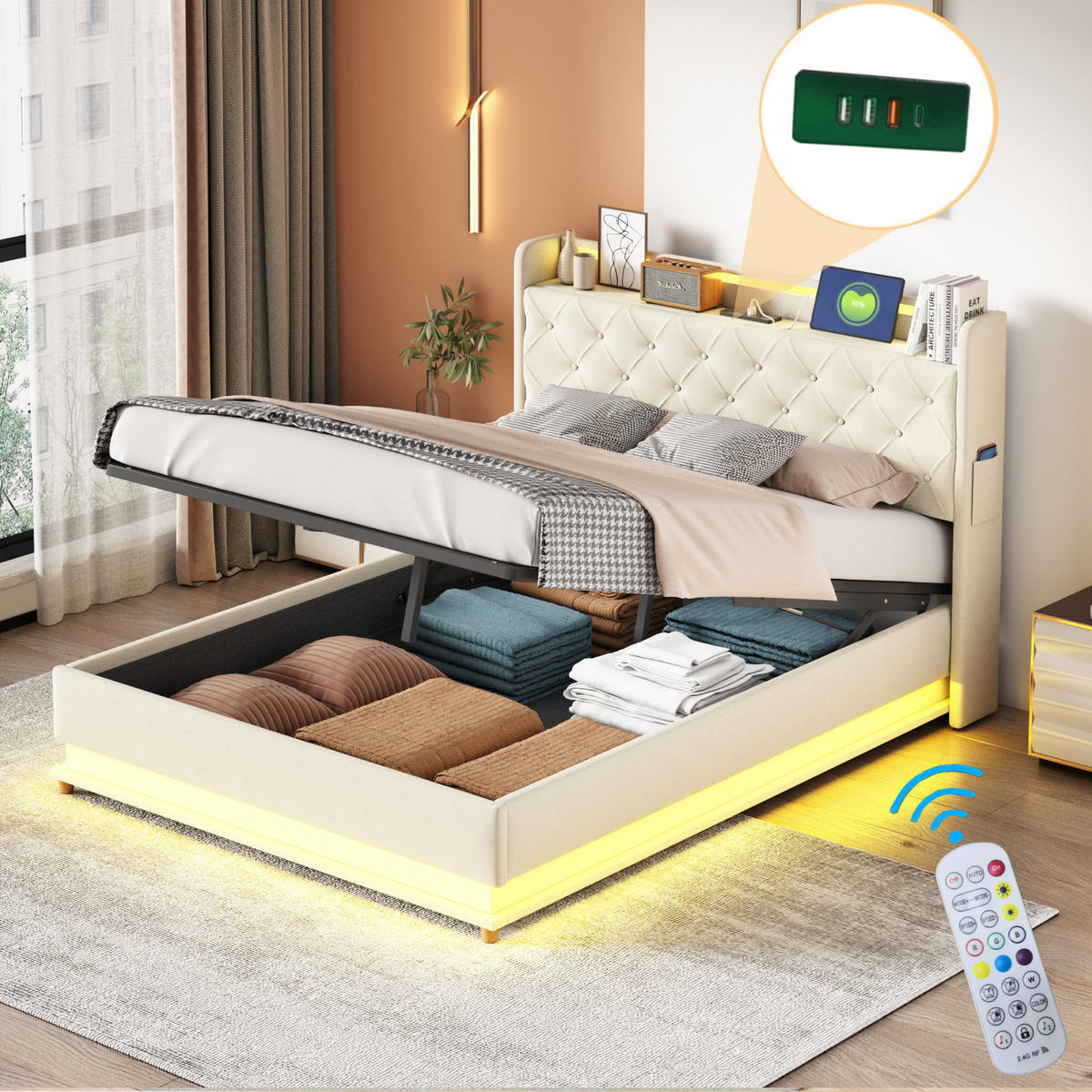 STAURRAUMBETT 140/200 cm DE-01797, in Beige, mit LED, USB und hydraulischer Lagerung - Beige, Metall (140/200cm) - ComfortXL