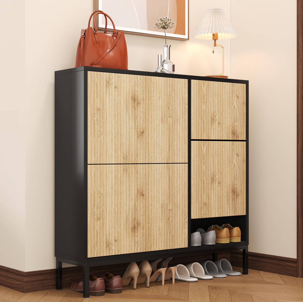 SCHUHSCHRANK mit 2 Schubladen und 2 Türen, strukturierte Paneele mit vergoldeten Akzenten, 100/25/100 cm, Schwarz und Holzfarbe - Naturfarben, Holzwerkstoff (100/25/100cm) - Redom