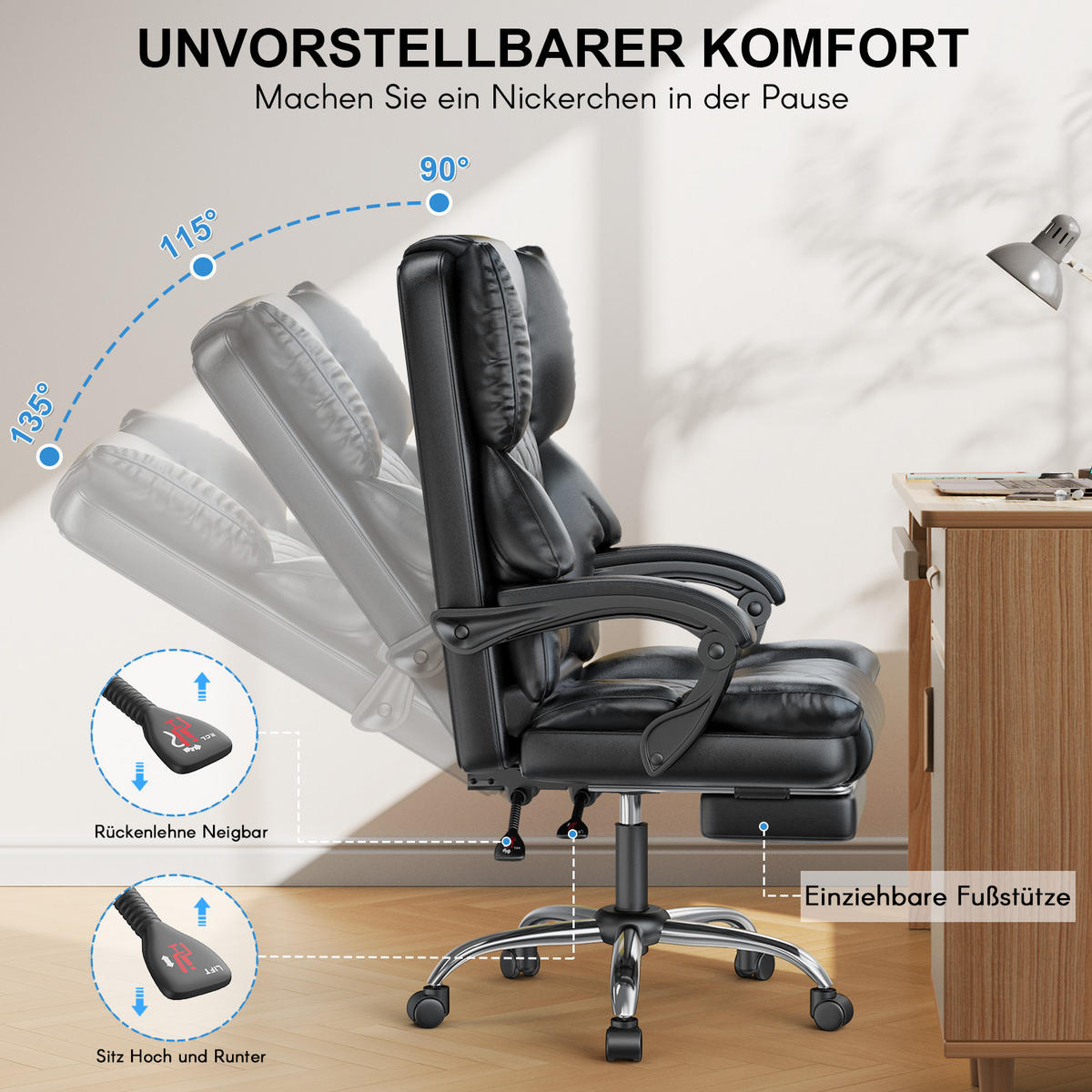 CHEFSESSEL mit Fußstütze Ergonomisch PU Leder Höhenverstellbar Schwarz - Schwarz, Leder (62/117/71cm) - Rattantree