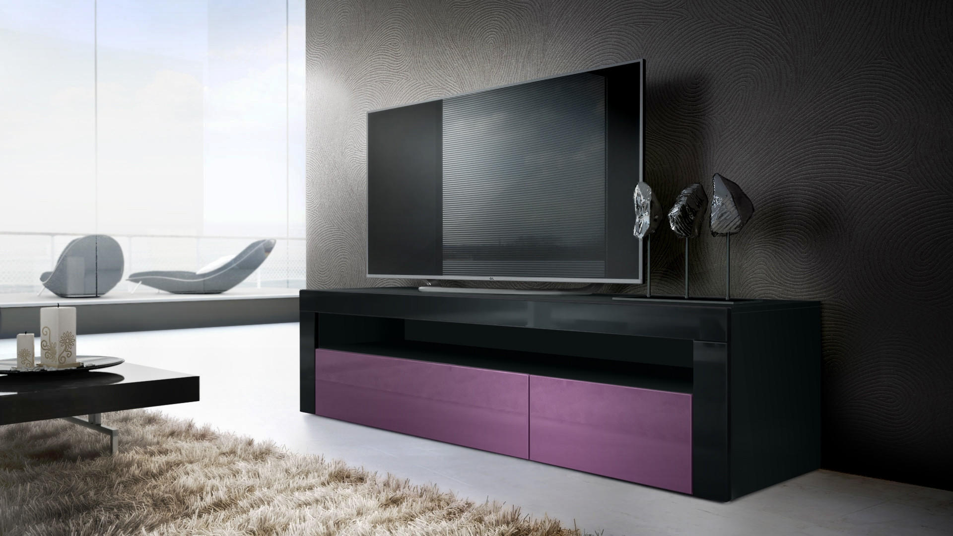 Thumbnail - Vladon Lowboard, Brombeere, Schwarz Hochglanz, Holzwerkstoff, 155x46x40 cm, Wohnzimmer, Wohnwände, Lowboards, Lowboards ...