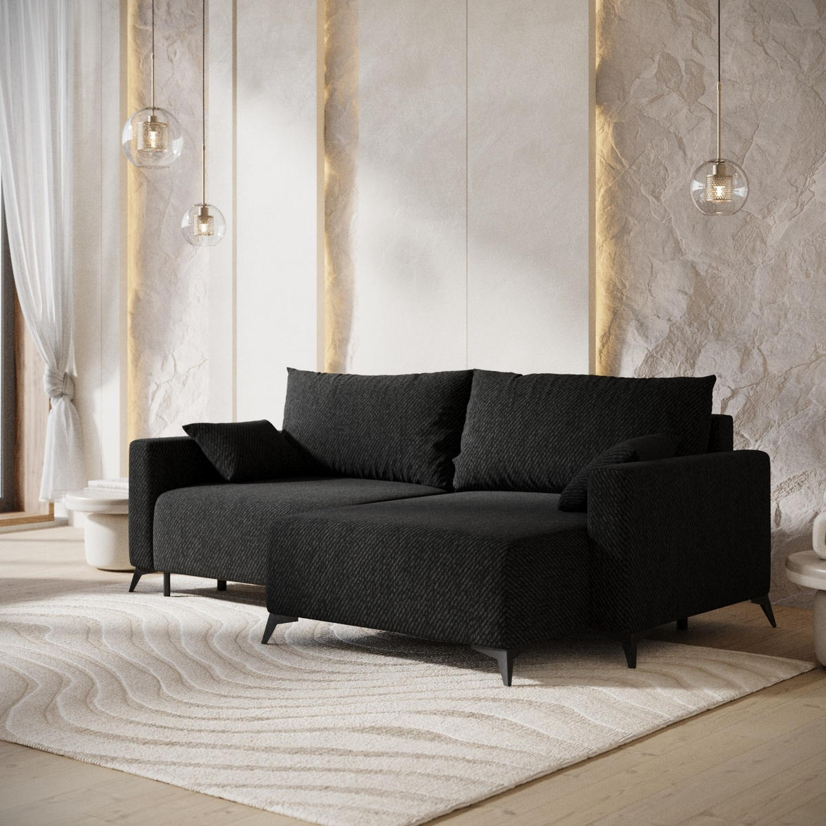 ECKSOFA NUVIO mit Schlaffunktion Schwarz im Neve Stoff - Schwarz, Holz/Holzwerkstoff (239/148cm) - AltaBeds