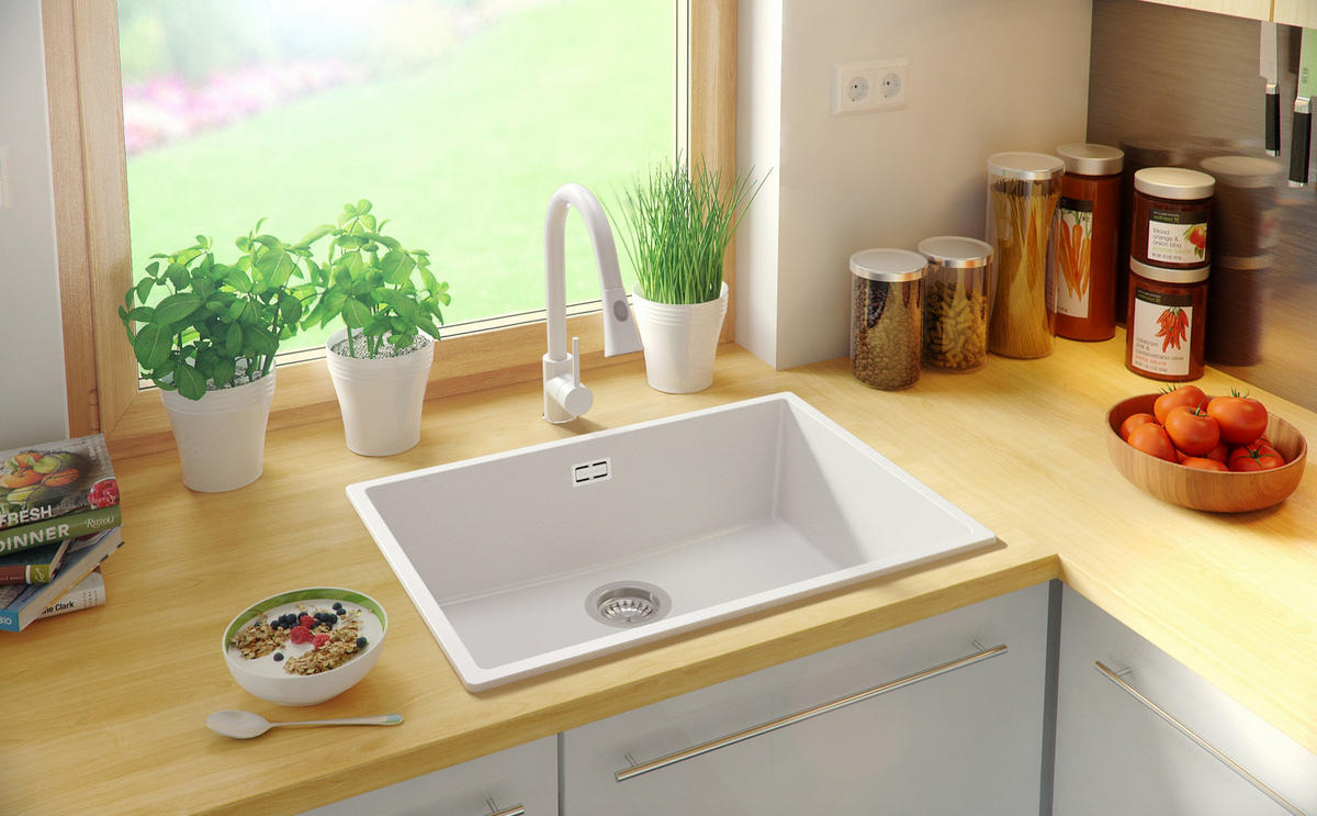 SPÜLBECKEN London Slim, 2-er set Alles Weiß 66/47 cm 1 Becken + Ablauf-Set ab 70er Unterschrank - Weiß, Kunststoff (66/20/47cm) - Primagran