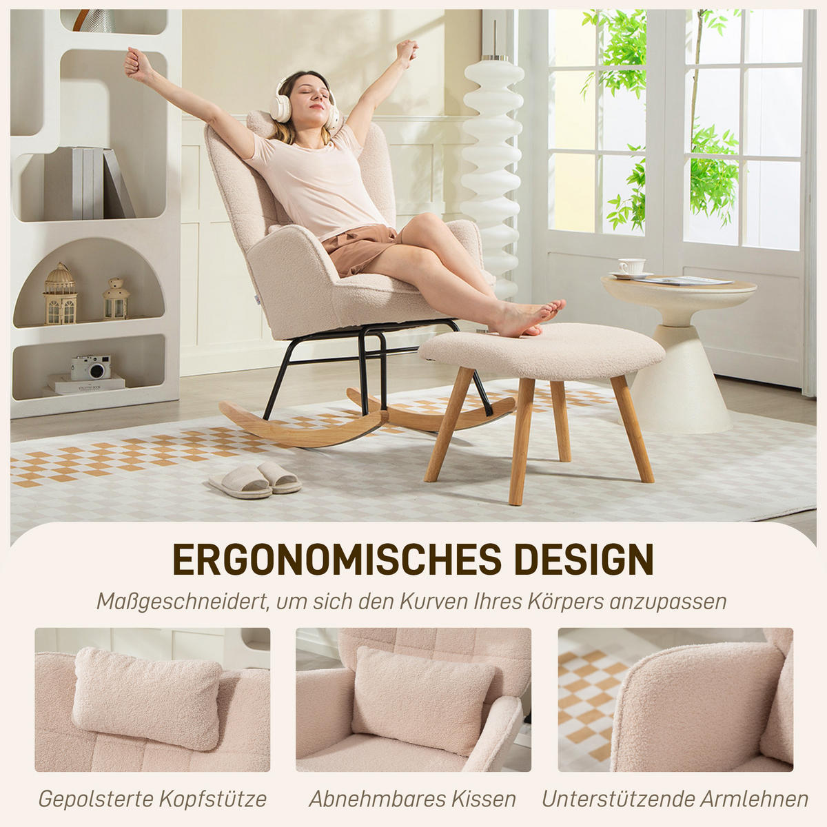SCHAUKELSTUHL mit Fußhocker, weicher Fleece-Bezug, Holzbeine, Beige - Beige/Naturfarben, Holz/Buchenholz (70.5/99.5/101.5cm) - HOMCOM