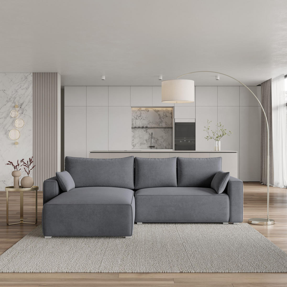ECKSOFA FORIL Grau Velours-Stoff mit Schlaffunktion - Grau, Holz (265/178cm) - MASSENO