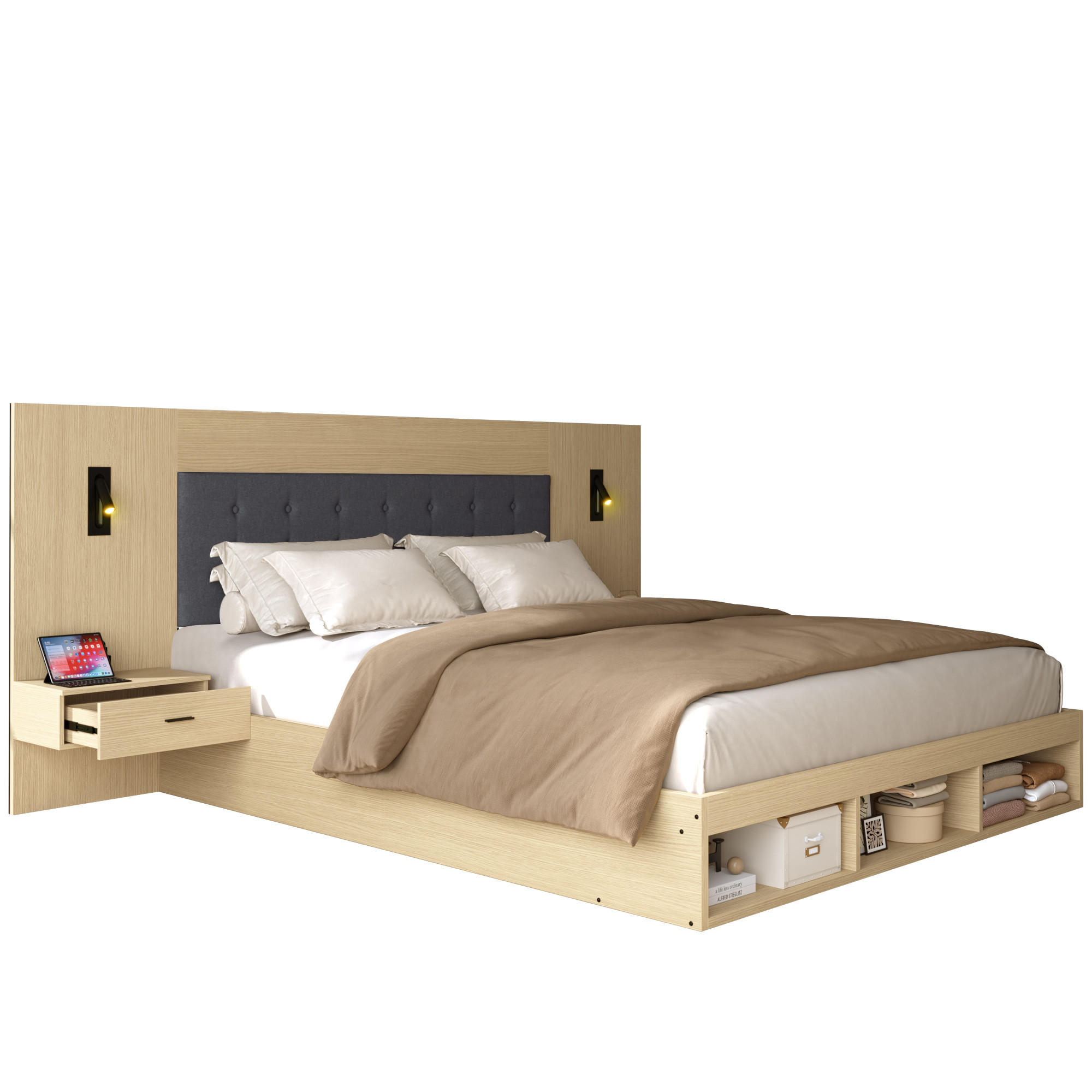 FLIEKS MANŽELSKÁ POSTEL 180x200cm Dub USB-C Lampa Stolky
