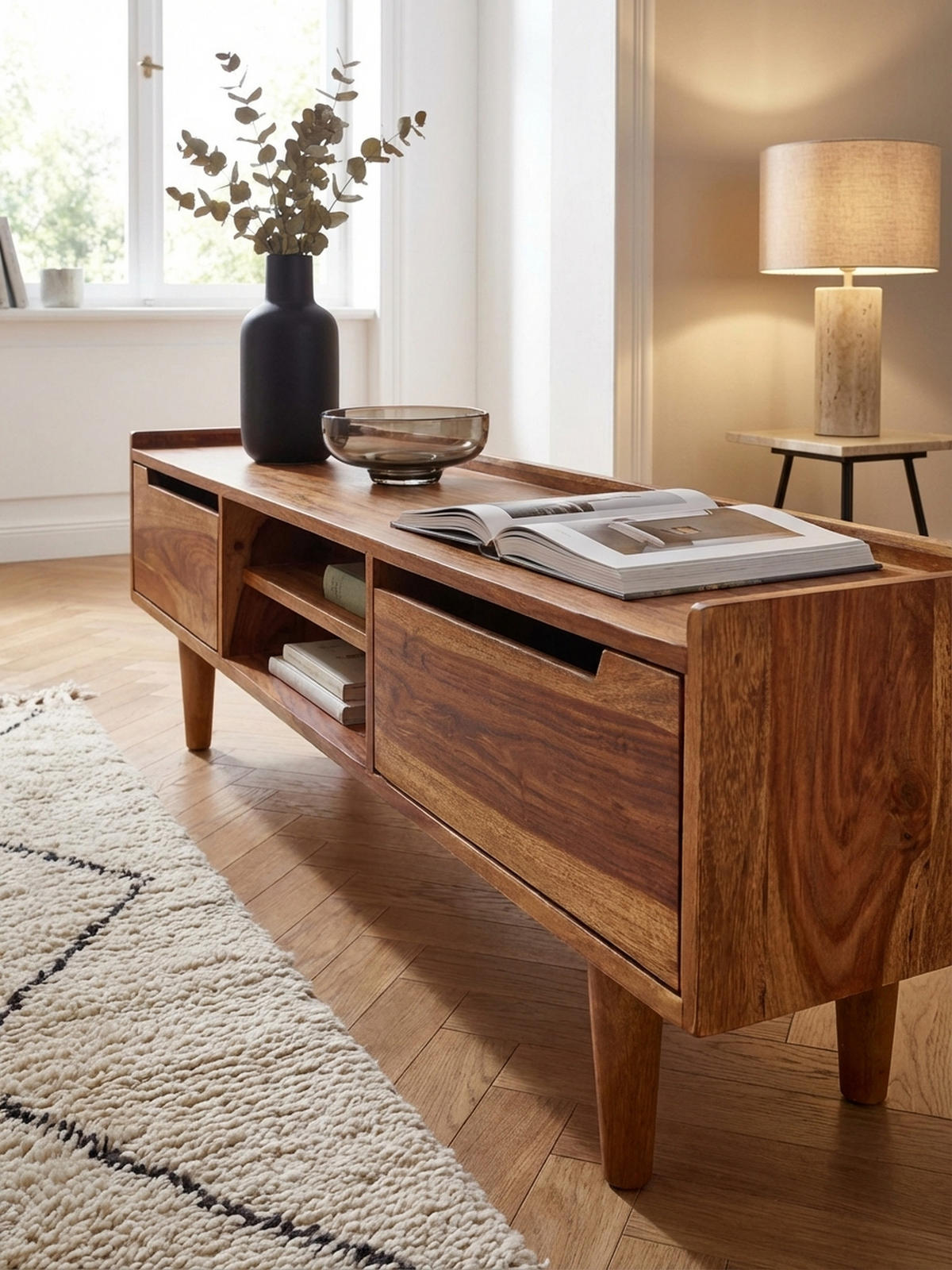 LOWBOARD Massivholz Landhausstil für 60-Zoll Fernseher mit Stauraum und Schutzlackversiegelung - Braun, Holz (145/43/35cm) - KADIMA DESIGN