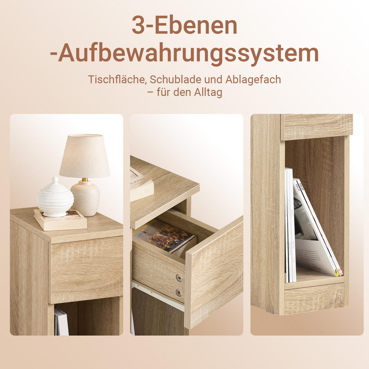 NACHTTISCH schmal mit Schublade, Natur, Konsolentisch, 20x35x60 cm, nur 20 cm tief, offene Fächer, Flur/Sofa/Büro/Balkon - Naturfarben, Holzwerkstoff (20/60/35cm) - SoBuy
