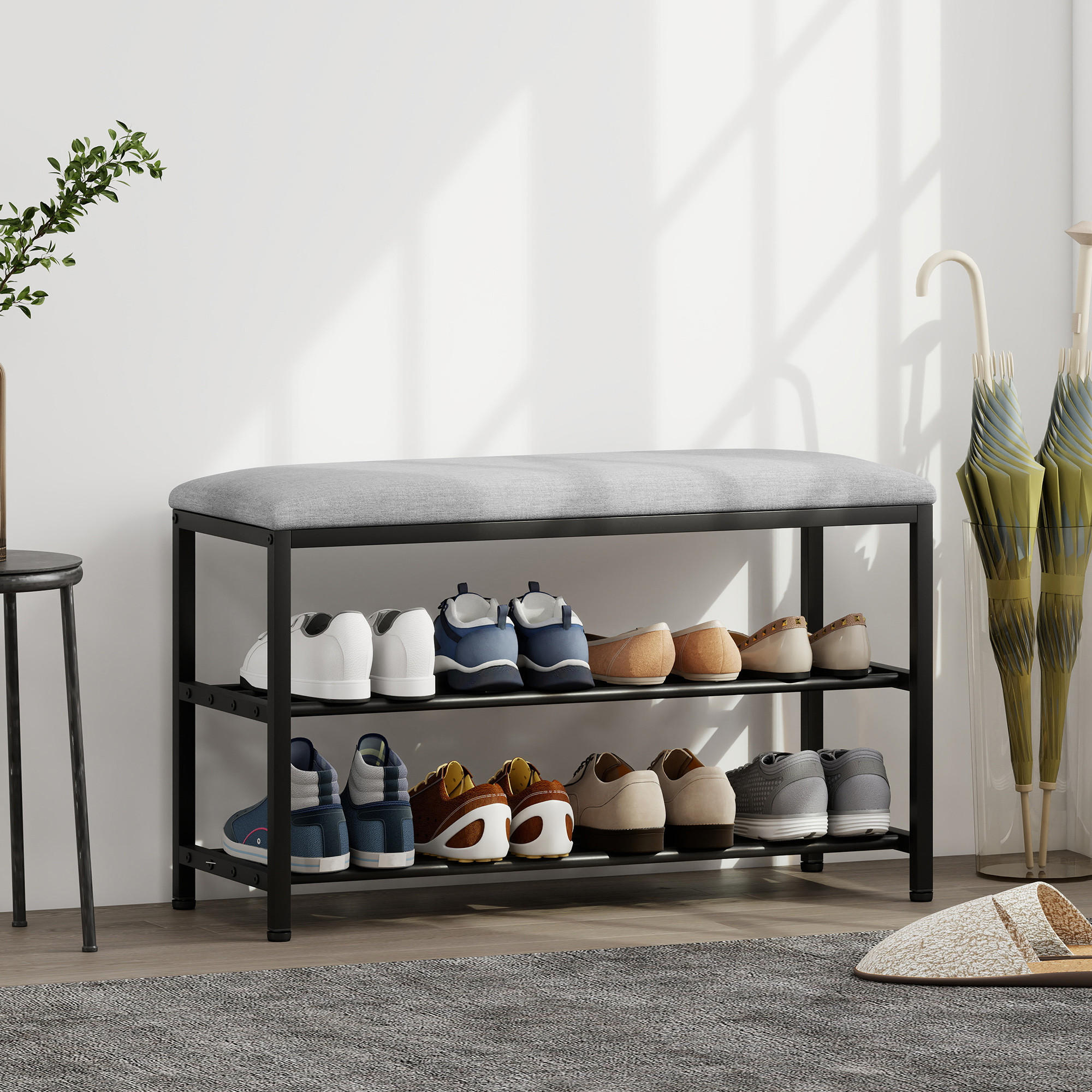 SCHUHBANK mit Sitzfläche, Sitzbank mit Stauraum, Schuhregal mit 2 offene Fächer - Dunkelgrau/Schwarz, Metall (31/50/81cm) - HOMCOM