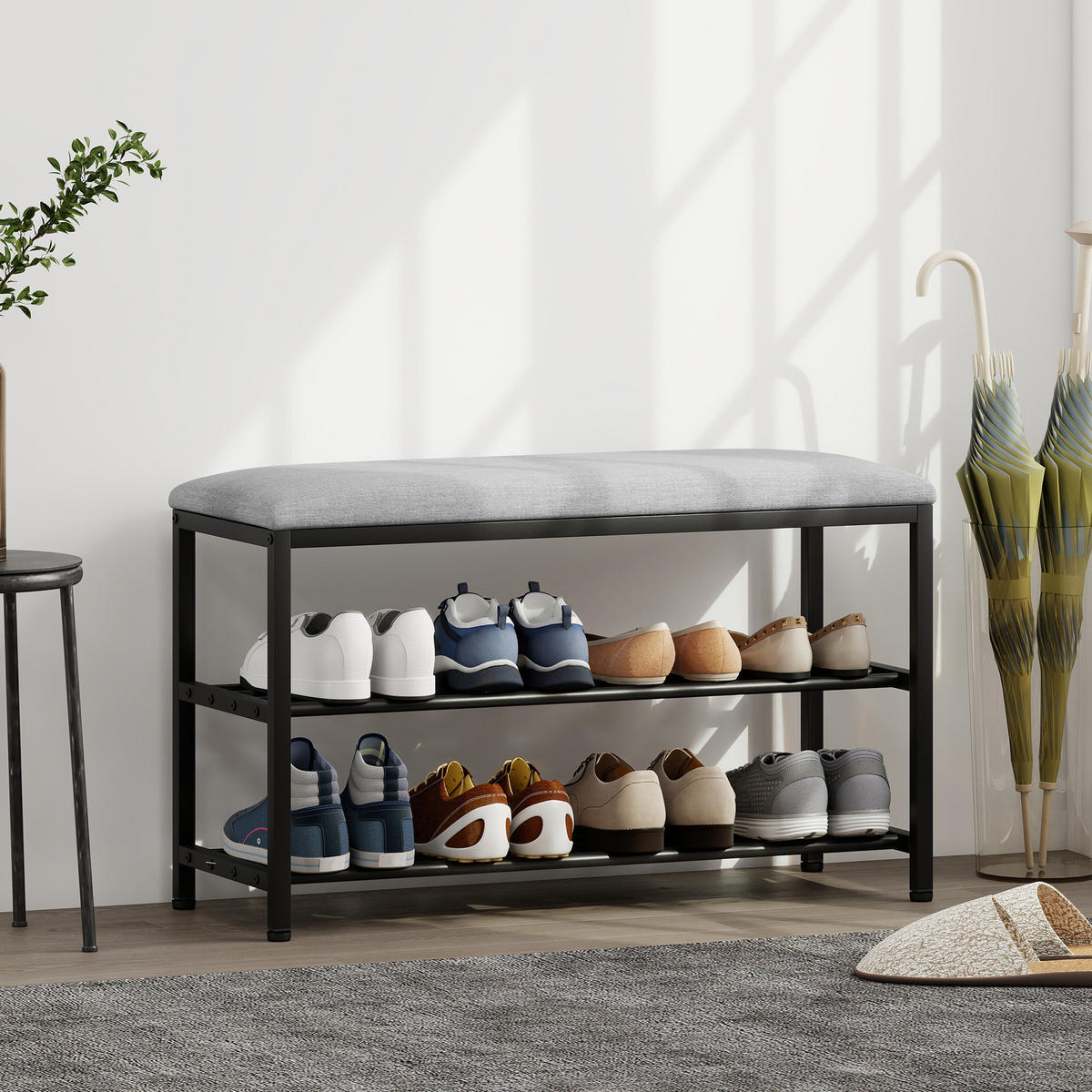 SCHUHBANK mit Sitzfläche, Sitzbank mit Stauraum, Schuhregal mit 2 offene Fächer - Dunkelgrau/Schwarz, Metall (31/50/81cm) - HOMCOM