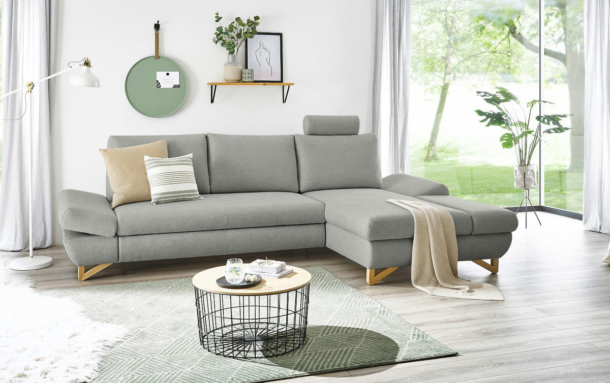 ECKSOFA hellgrau Velours, Wohnzimmer Sofa - Hellgrau, Holz/Textil (284/166cm) - Furn.Design